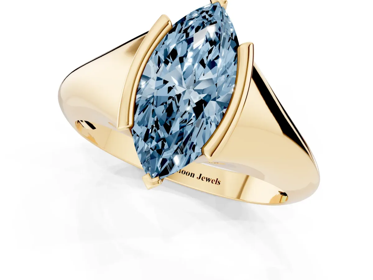 Fancy Blue Marquise Cut Solitaire Tension Set Diamond Ring Yellow gold