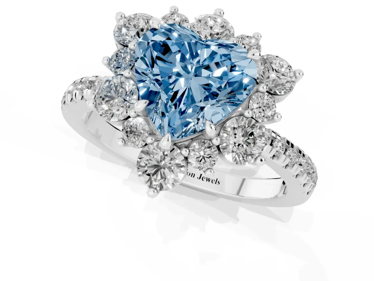Fancy Blue Heart Cut Diamond Floral Halo Ring with Round Pavé Band and Prong Setting White gold