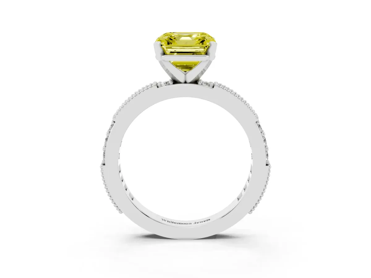 Fancy Yellow Asscher Cut Solitaire with Pavé Band and Four-Prong Setting Silver