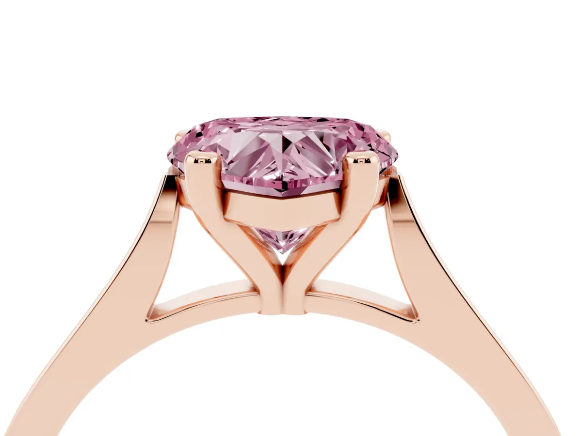 Fancy Pink Heart Cut Solitaire Diamond Ring with Four-Prong Setting and Tapered Band Rose gold