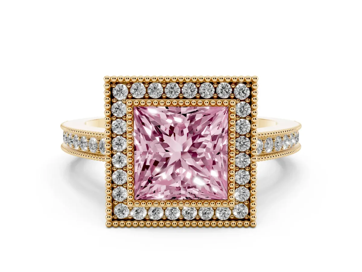 Fancy Pink Princess Cut Cut Halo Diamond Ring with Pavé Band and Milgrain Prong Setting Yellow gold