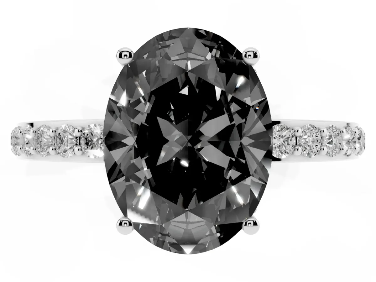 Fancy Black Oval Cut Diamond Solitaire Ring with Pavé Band and Hidden Halo Platinum