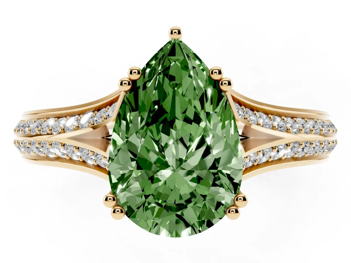 Fancy Green Pear Cut Diamond Split Shank Engagement Ring with Pavé Band Yellow gold