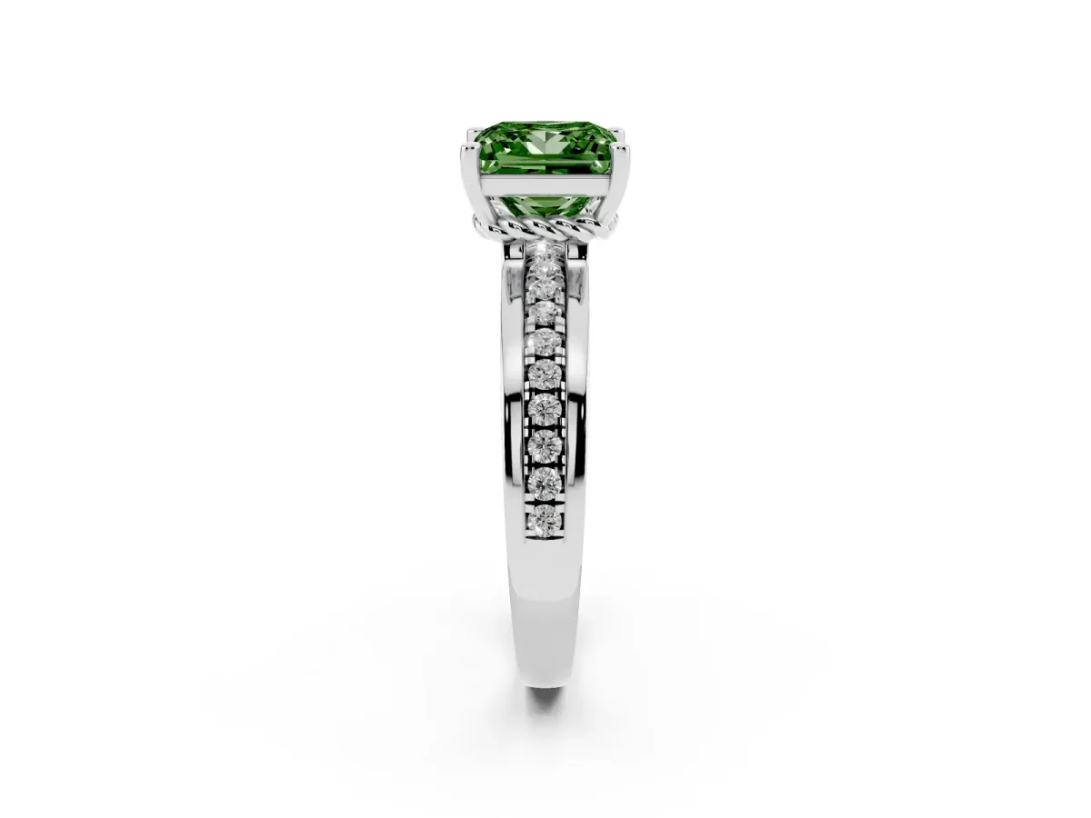 Fancy Green Princess Cut Solitaire Diamond Ring with Channel Set Band and Six-Prong Setting Silver