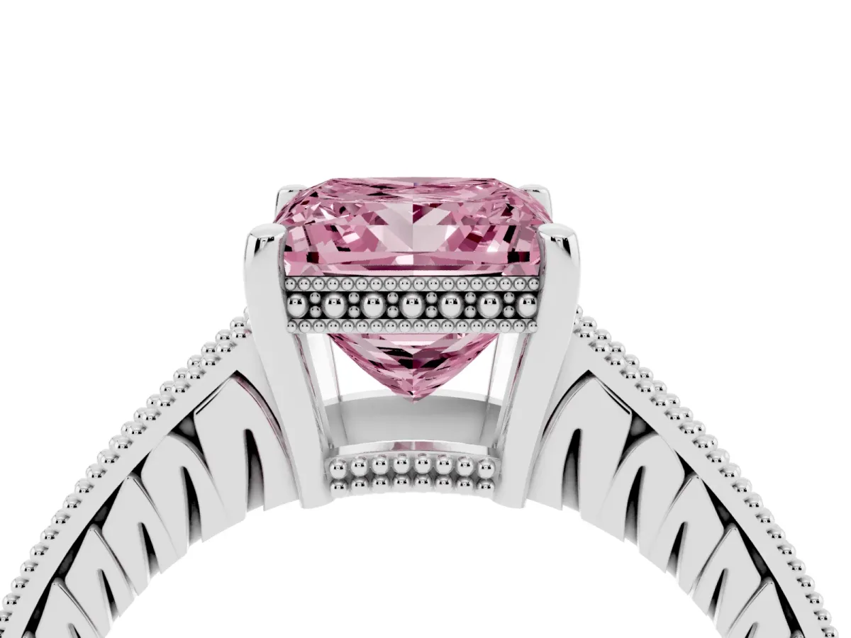 Fancy Pink Princess Cut Solitaire Pavé Diamond Milgrain Engagement Ring with Four-Prong Setting Silver