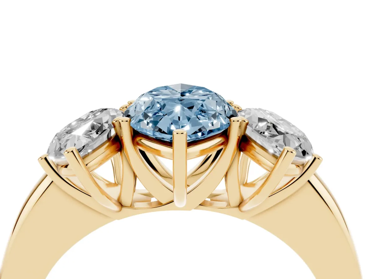 Fancy Blue Marquise Cut Diamond Three-Stone Ring with Four-Prong Setting and Classic Band Yellow gold