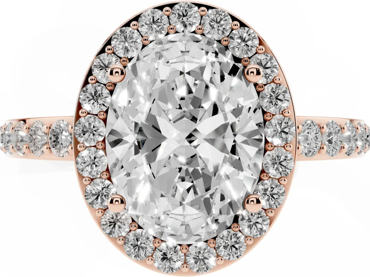Oval Cut Halo Diamond Pavé Band Ring with Prong Setting Rose gold