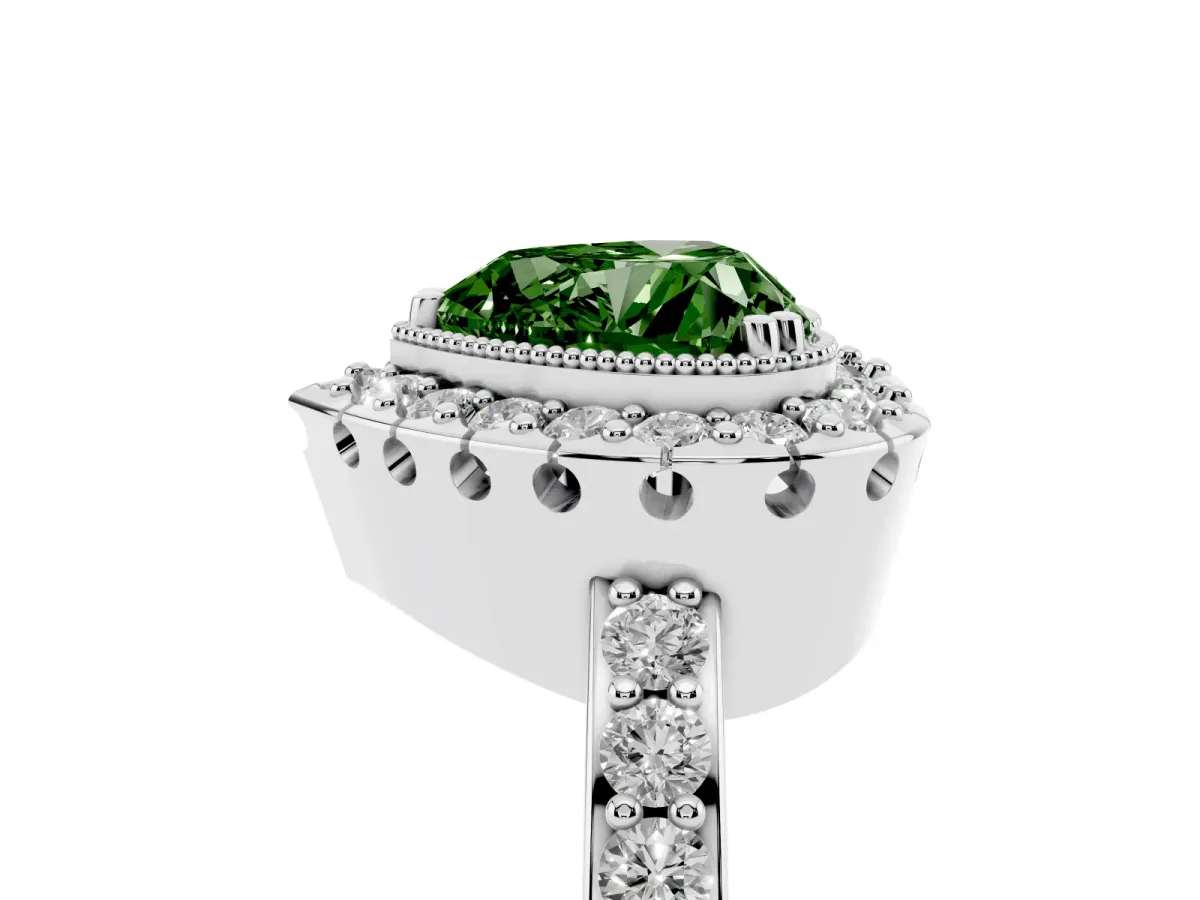 Fancy Green Heart Cut Diamond Halo Ring with Pavé Band and Prong Setting Platinum
