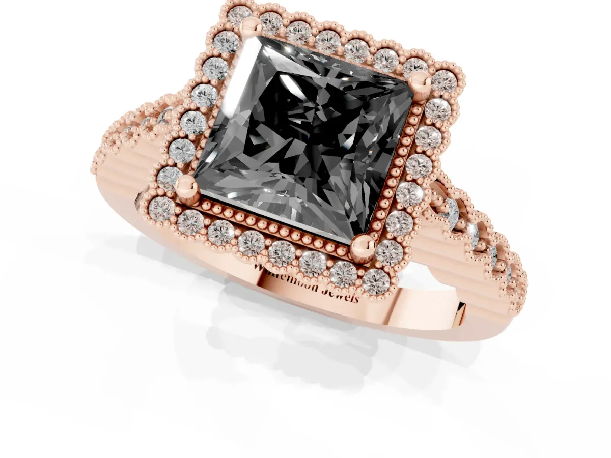 Fancy Black Princess Cut Cut Halo Pavé Solitaire Ring with Milgrain Band Rose gold