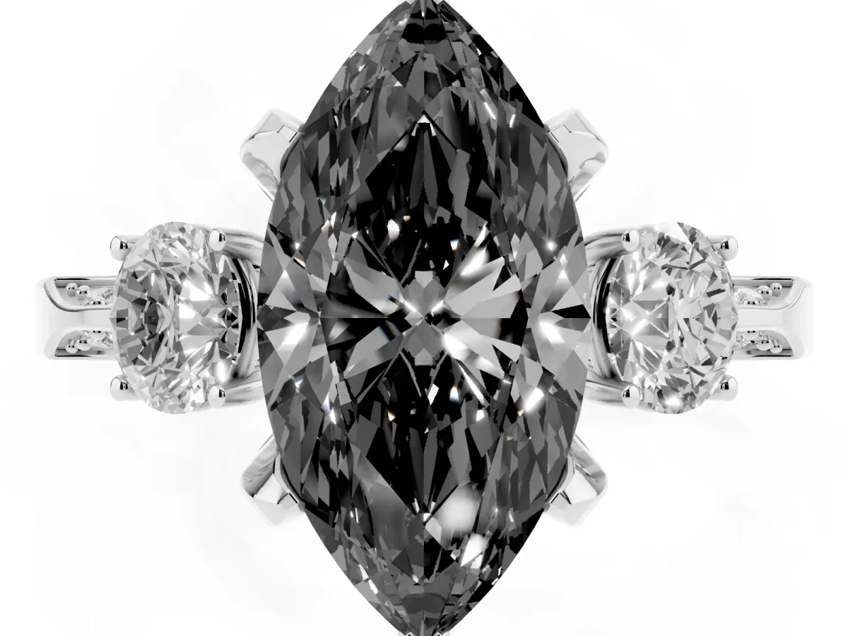 Fancy Black Marquise Cut Brilliant Three-Stone Diamond Ring with Pavé Band and Four-Prong Setting Platinum