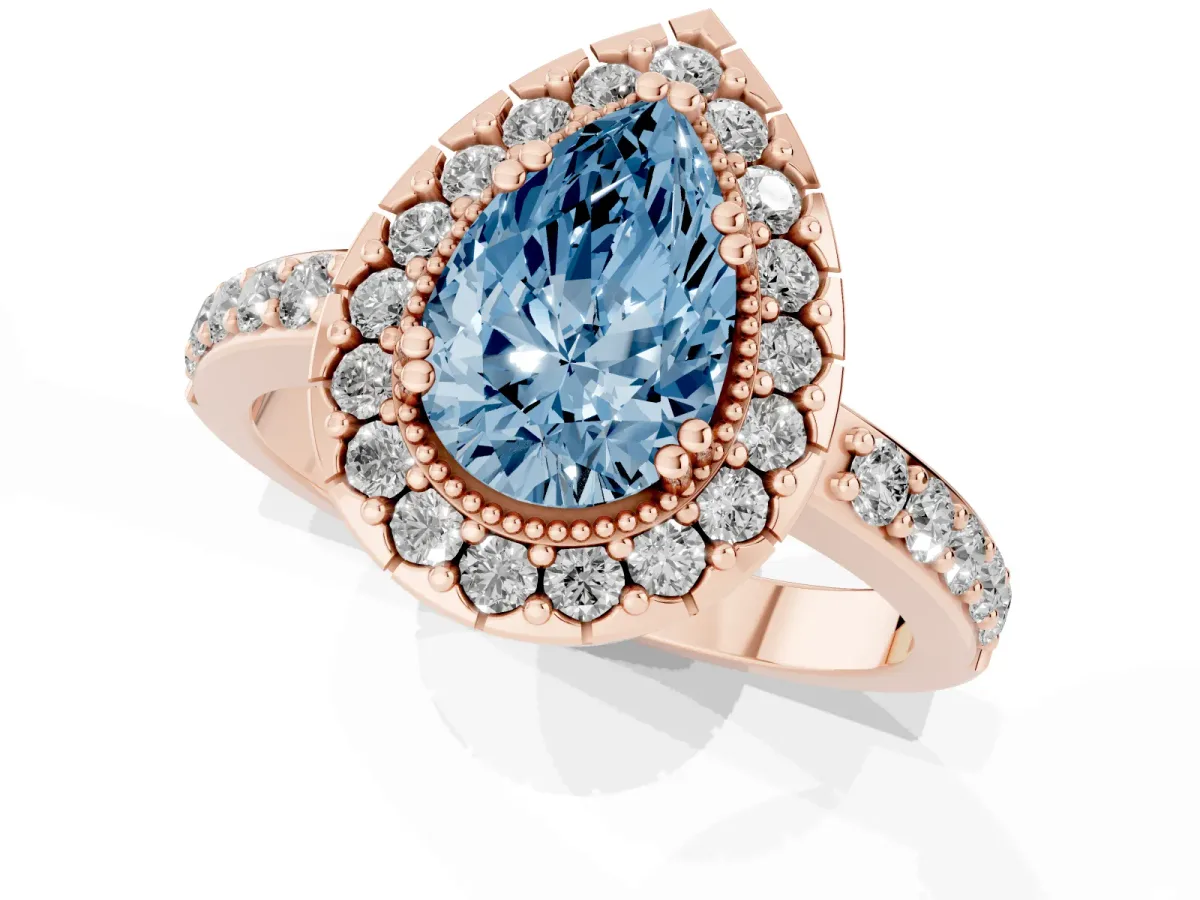 Fancy Blue Pear Cut Diamond Halo Ring with Pavé Band and Prong Setting Rose gold