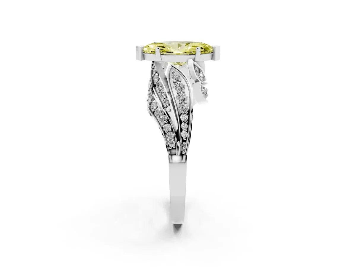 Fancy Yellow Marquise Cut Diamond Solitaire Ring with Prong Setting and Twisted Pavé Band Platinum