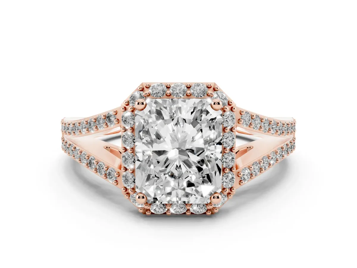 Radiant Cut Halo Split Shank Diamond Ring with Prong Setting Rose gold