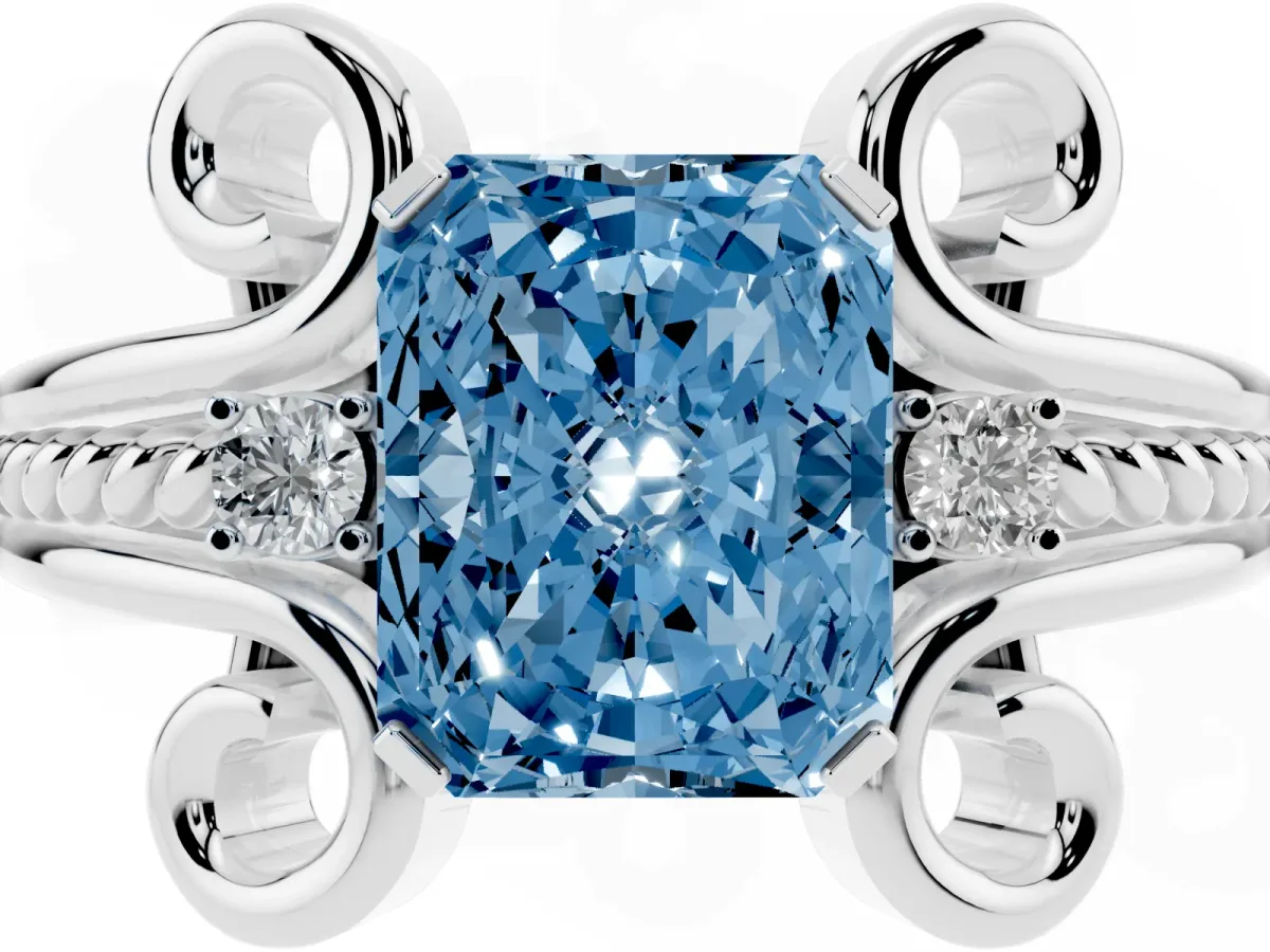 Fancy Blue Radiant Cut Solitaire Twisted Band Scroll Prong Ring Platinum