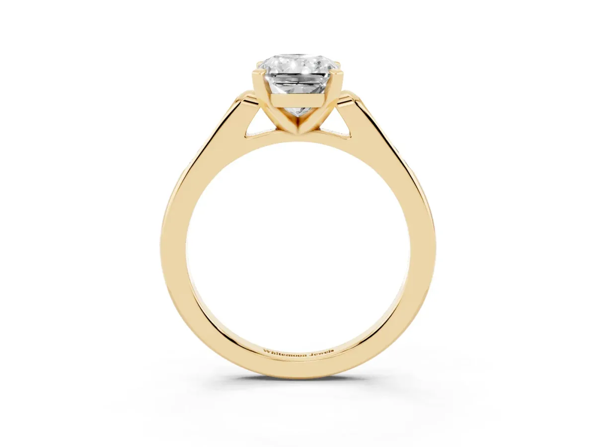 Radiant Cut Diamond Solitaire Ring with Channel Set Round Band and Prong Setting Yellow gold