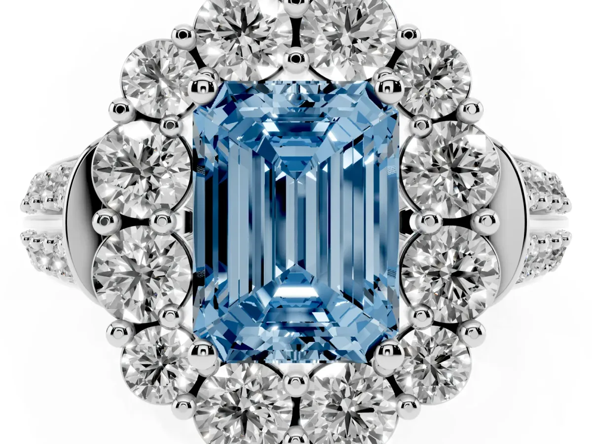 Fancy Blue Emerald Cut Halo Diamond Engagement Ring with Split Shank and Prong Setting Silver