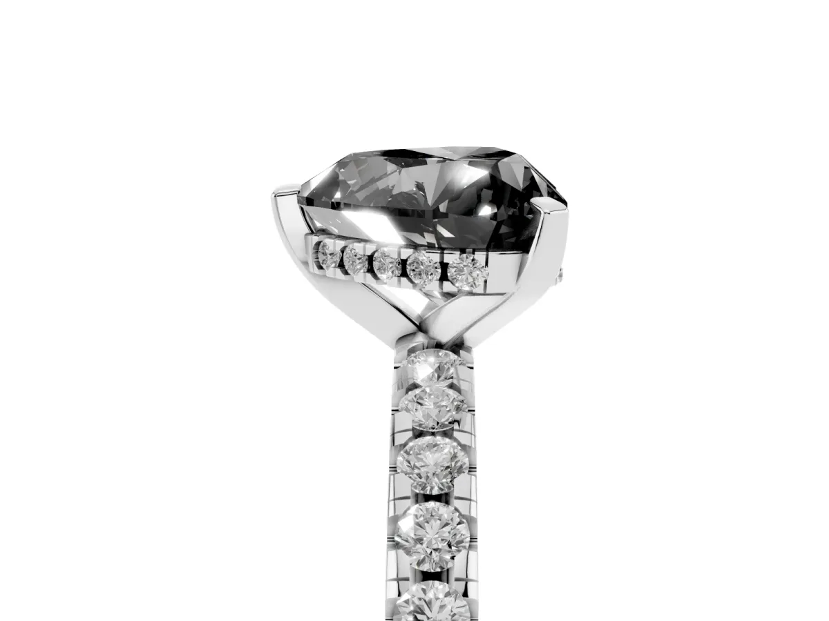 Fancy Black Heart Cut Diamond Solitaire Ring with Round Pavé Band and Four-Prong Setting Silver