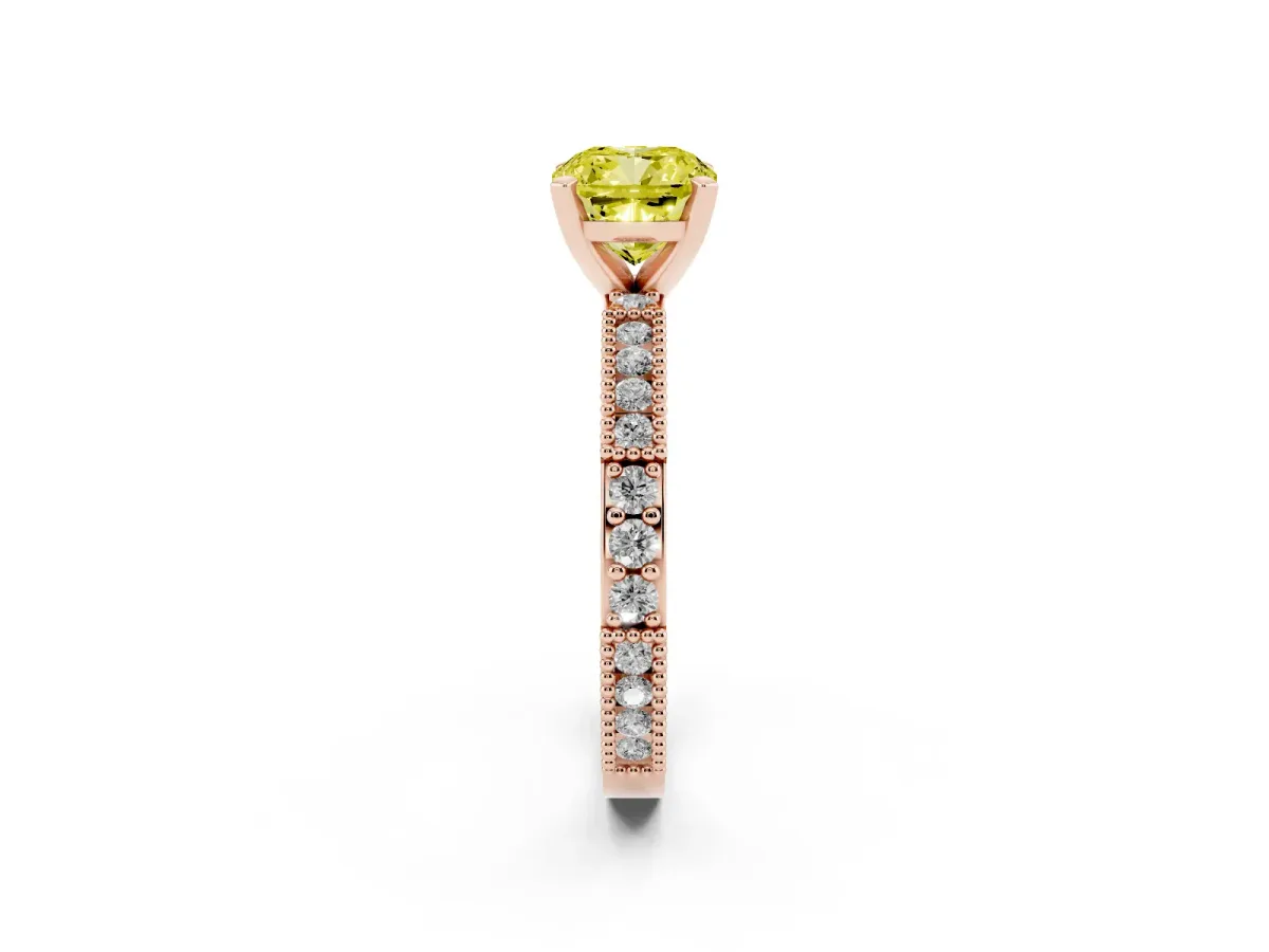 Fancy Yellow Cushion Cut Solitaire with Pavé Band and Four-Prong Setting Rose gold