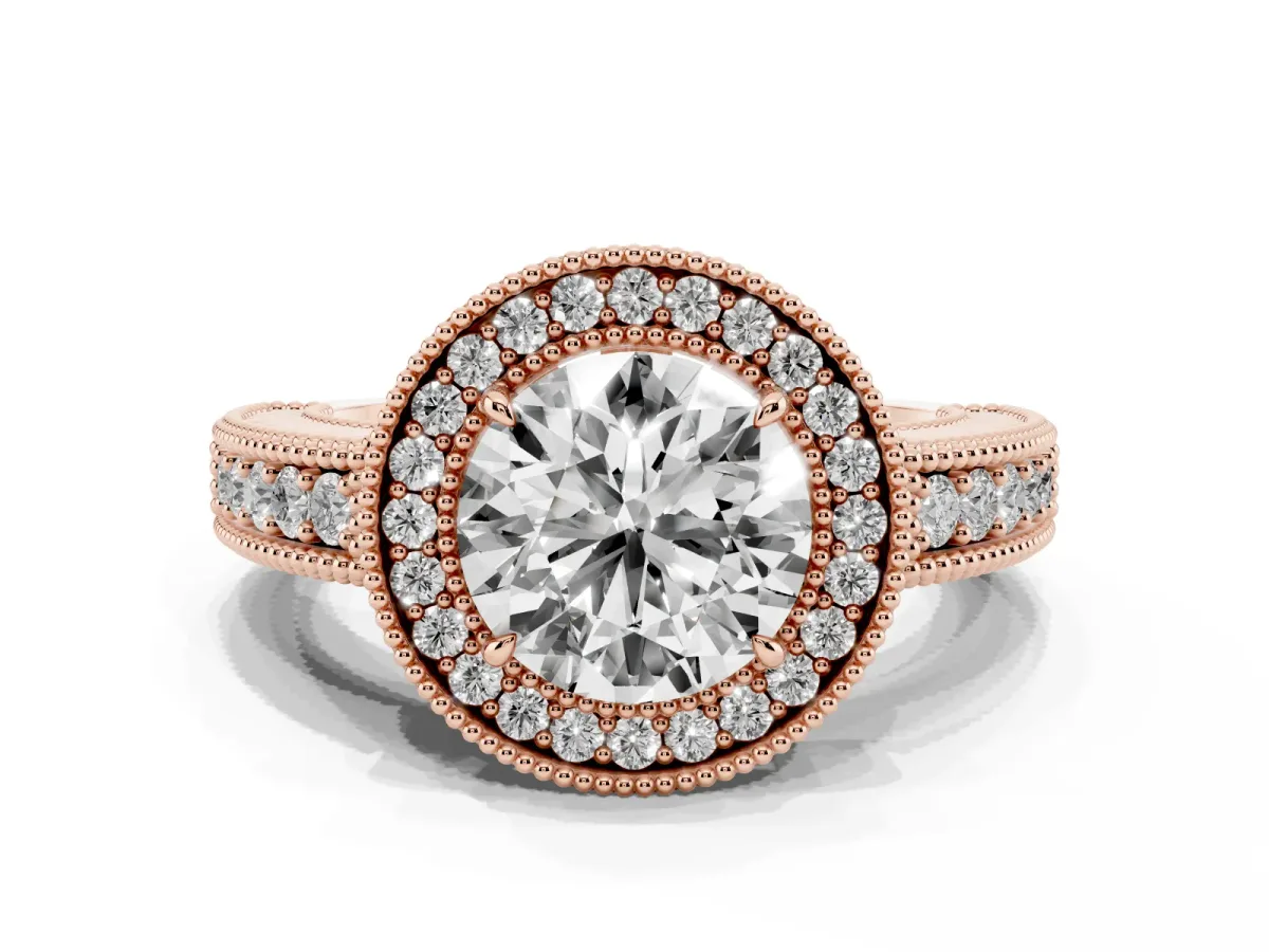 Round Cut Cut Halo Diamond Ring with Pavé Band and Four-Prong Setting Rose gold
