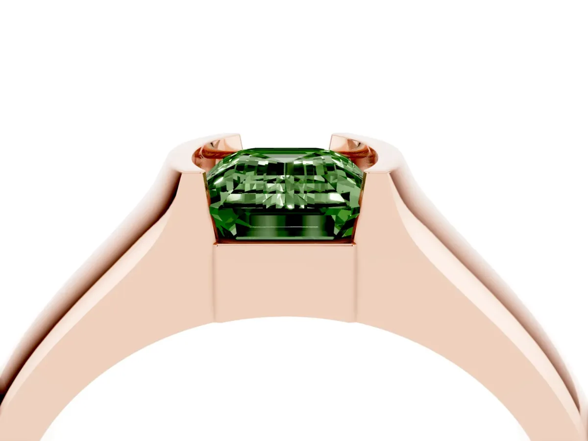 Fancy Green Emerald Cut Solitaire Bezel Set Diamond Ring with Wide Band Rose gold