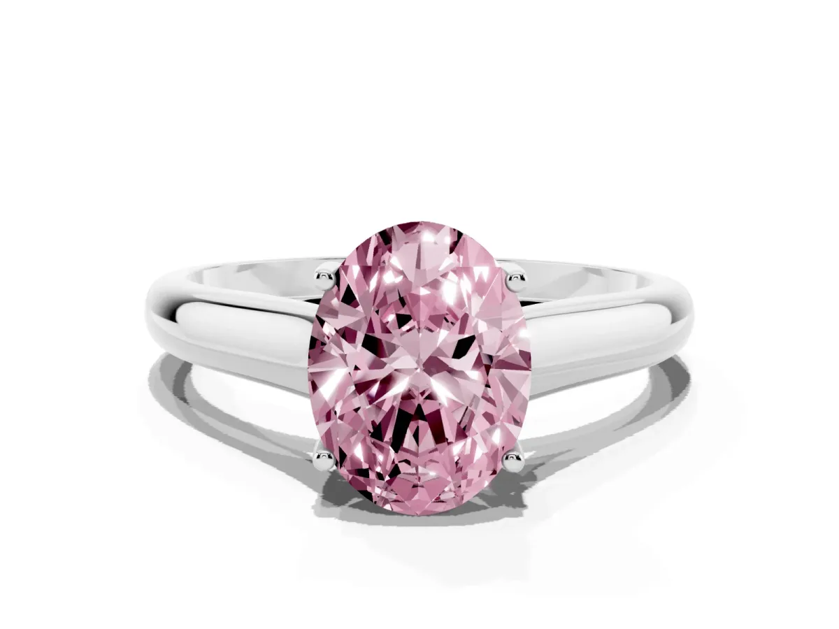 Fancy Pink Oval Cut Solitaire Engagement Ring with Tapered Band and Four-Prong Setting Platinum