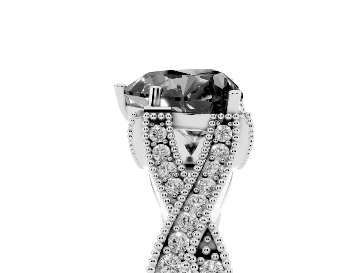 Fancy Black Heart Cut Cut Diamond Twisted Band with Milgrain Pave Setting and Four-Prong Setting Silver