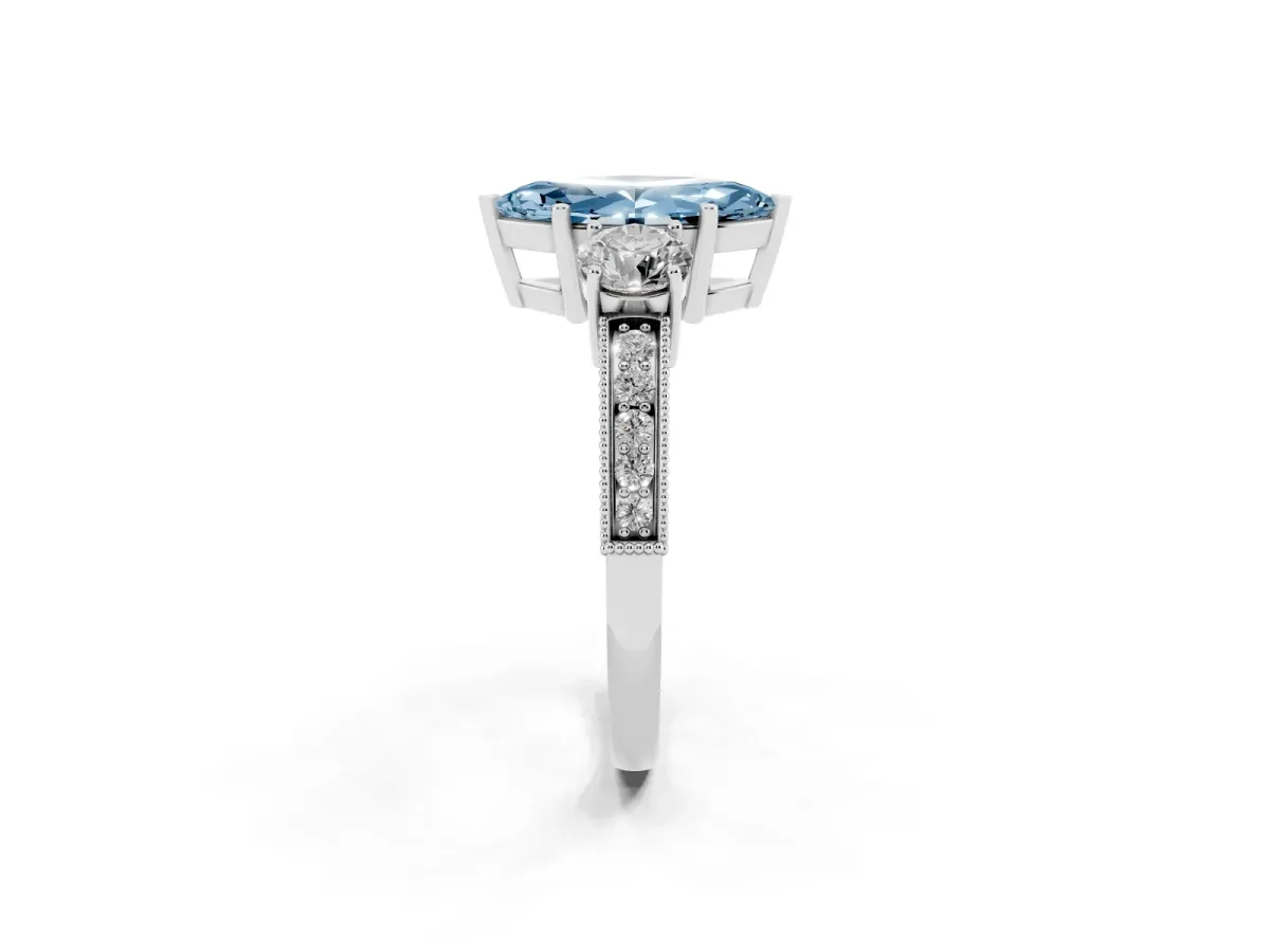 Fancy Blue Marquise Cut Three-Stone Diamond Ring with Pavé Band and Four-Prong Setting Silver