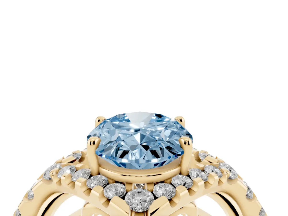 Fancy Blue Oval Cut Diamond Solitaire Ring with Hidden Halo and Pavé Band Yellow gold