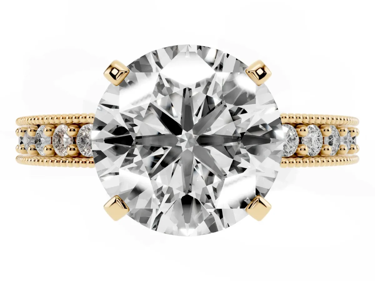 Round Cut Diamond Milgrain Pavé Engagement Ring with Four-Prong Setting Yellow gold