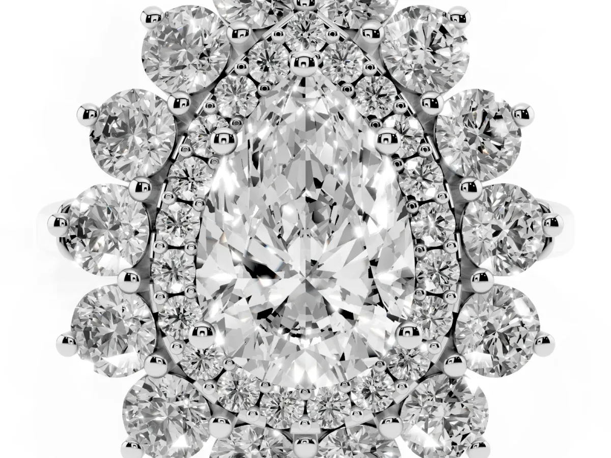 Pear Cut Diamond Floral Double Halo Engagement Ring with Prong Setting Silver