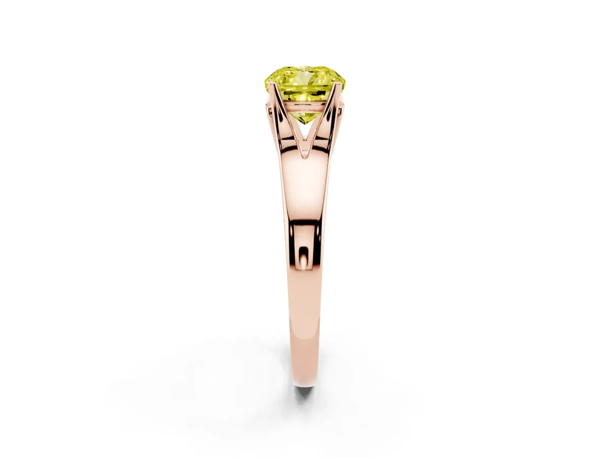 Fancy Yellow Cushion Cut Solitaire Diamond Ring with Cathedral Band and Four-Prong Setting Rose gold