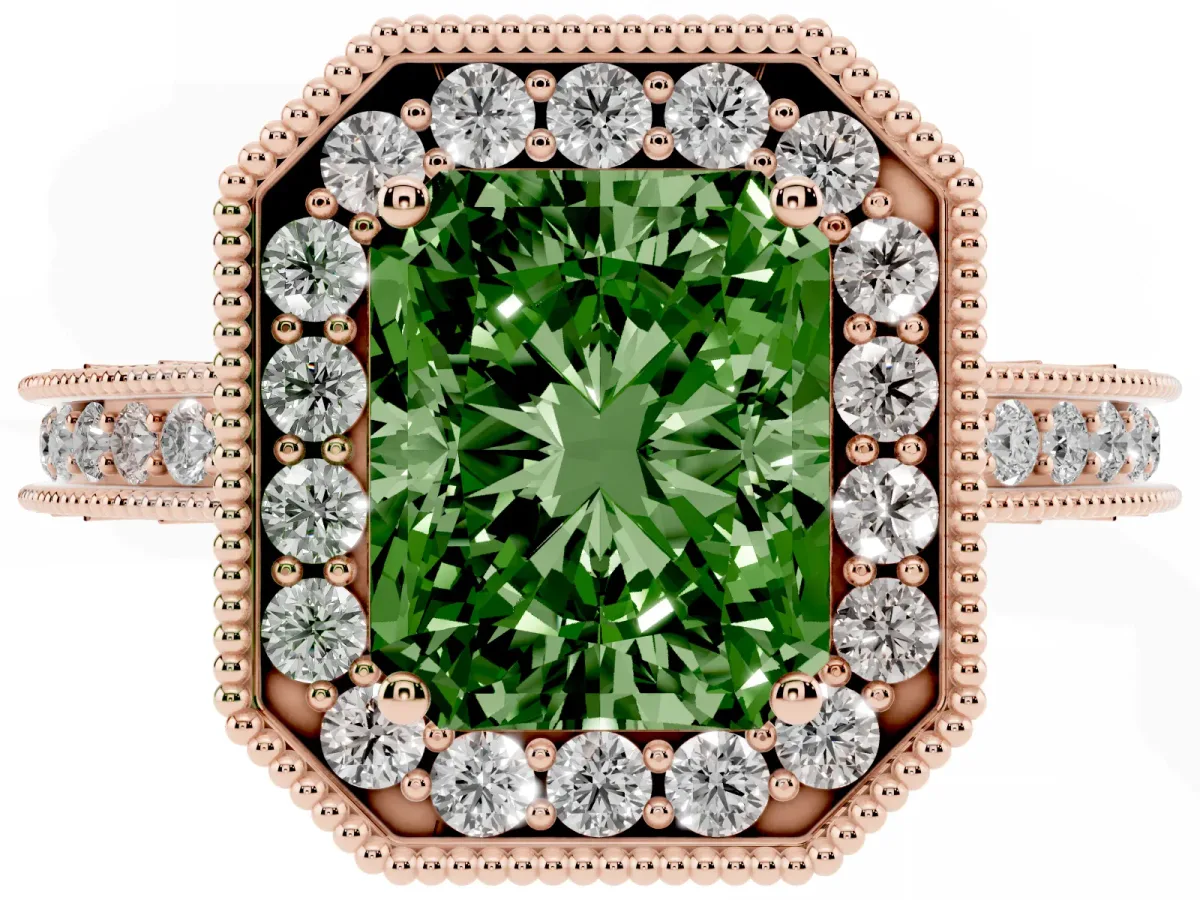Fancy Green Radiant Cut Diamond Milgrain Halo Engagement Ring with Round Pavé Band and Prong Setting Rose gold