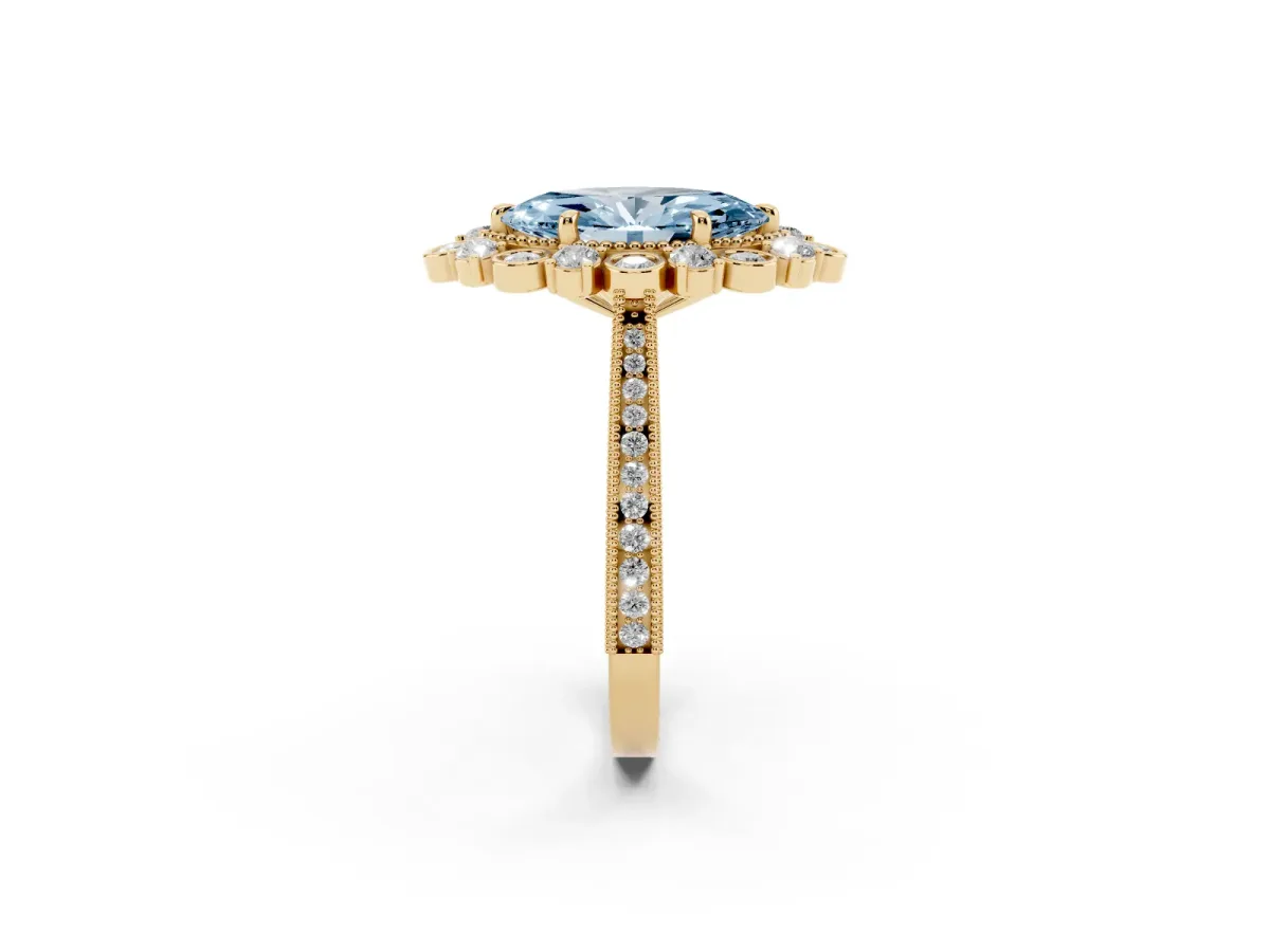 Fancy Blue Marquise Cut Halo Milgrain Pave Diamond Ring with Four-Prong Setting Yellow gold
