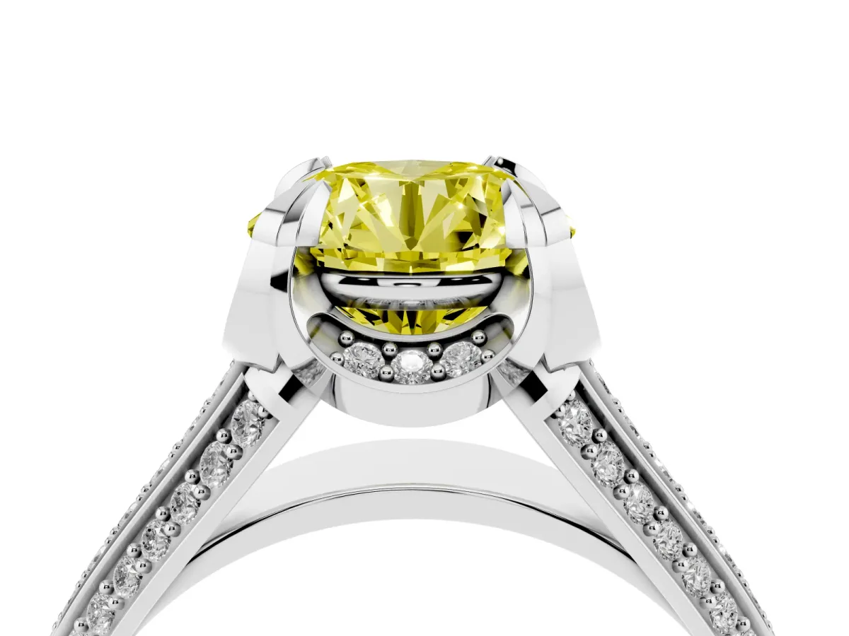 Fancy Yellow Round Cut Solitaire Pave Split Shank Ring with Four-Prong Setting Platinum