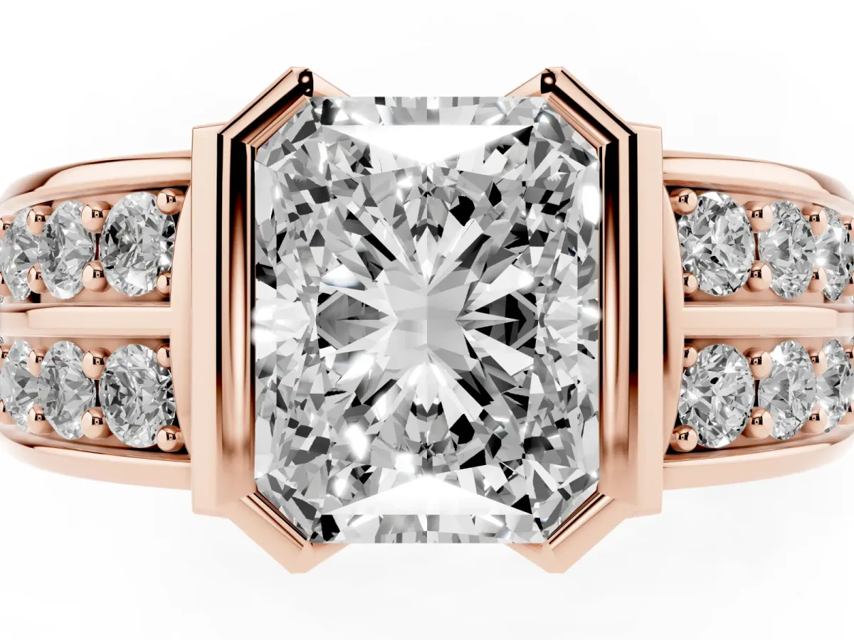 Radiant Cut Brilliant Diamond Channel Set Wide Band Ring with Bezel Setting Rose gold