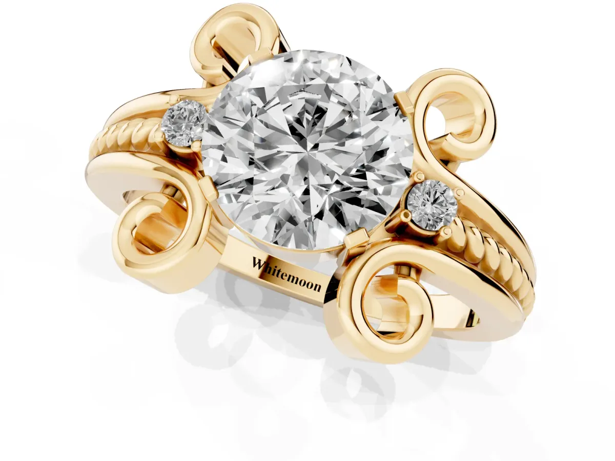 Round Cut Solitaire Twisted Band Scroll Prong Ring Yellow gold