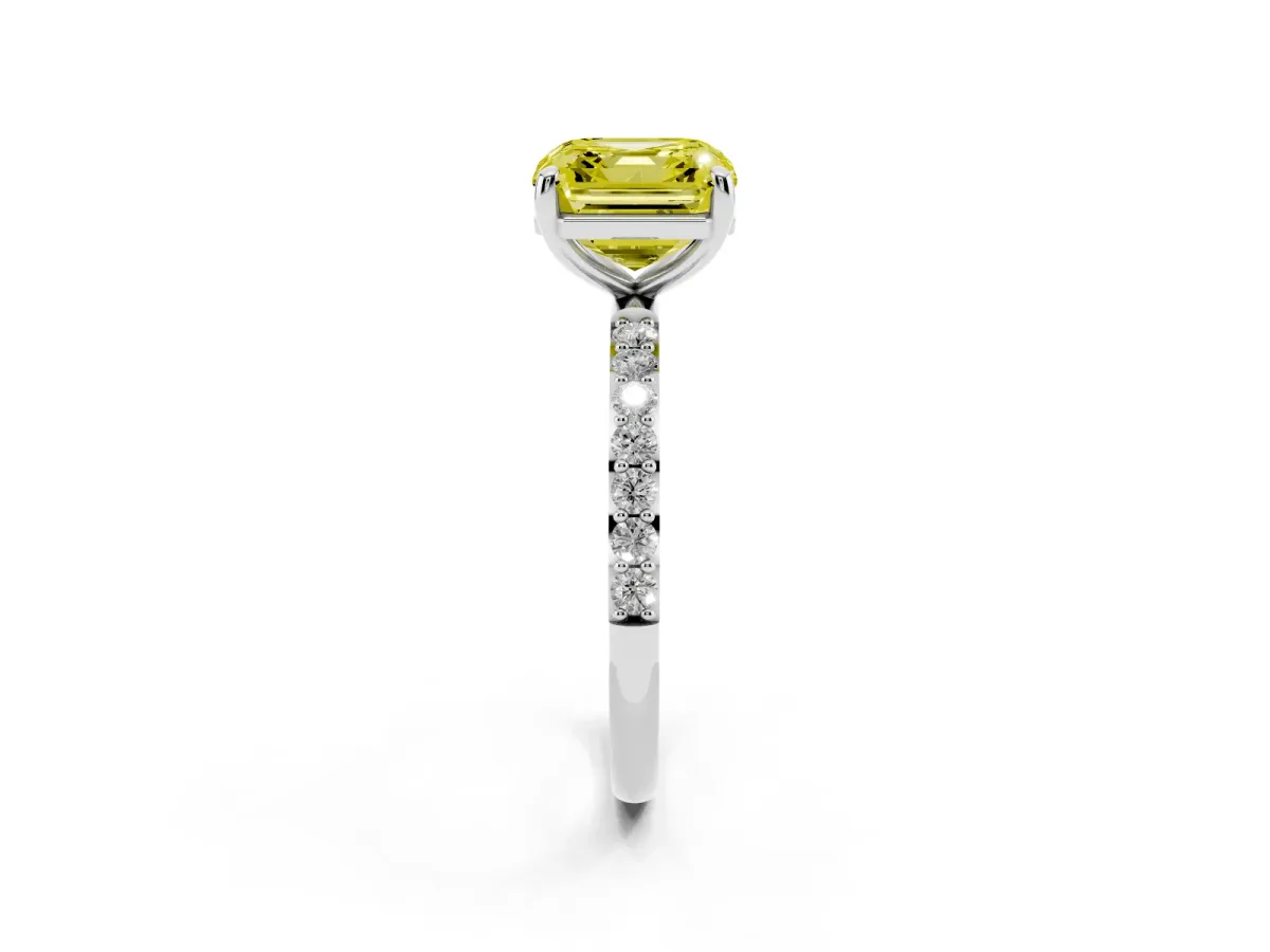 Fancy Yellow Asscher Cut Diamond Solitaire Ring with Round Pavé Band and Prong Setting Silver
