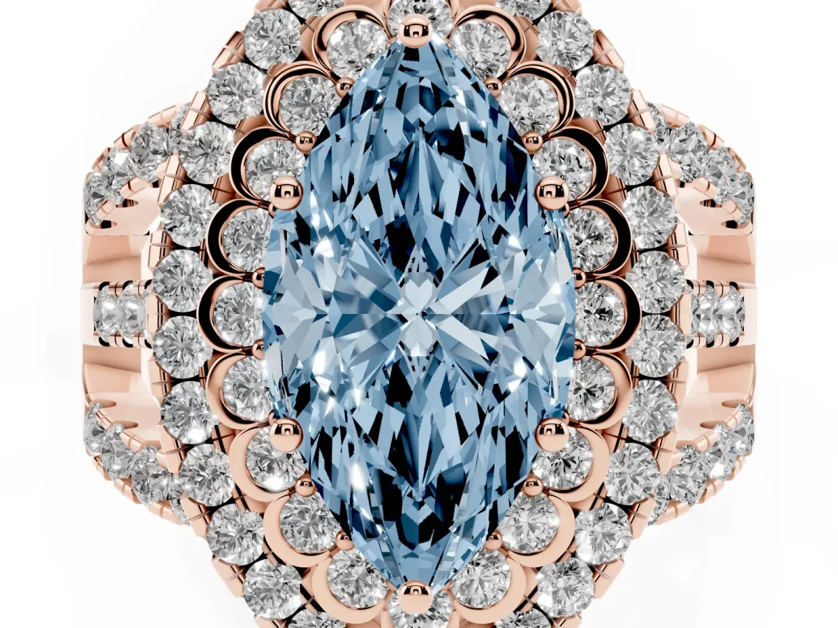 Fancy Blue Marquise Cut Diamond Double Halo Ring with Round Pavé Split Shank and Prong Setting Rose gold