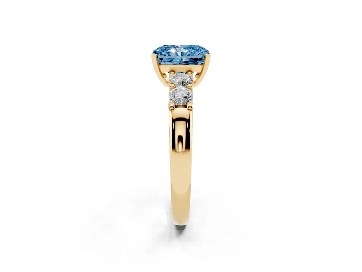Fancy Blue Radiant Cut Brilliant Cut Diamond Five-Stone Prong Set Engagement Ring with Channel Band Yellow gold