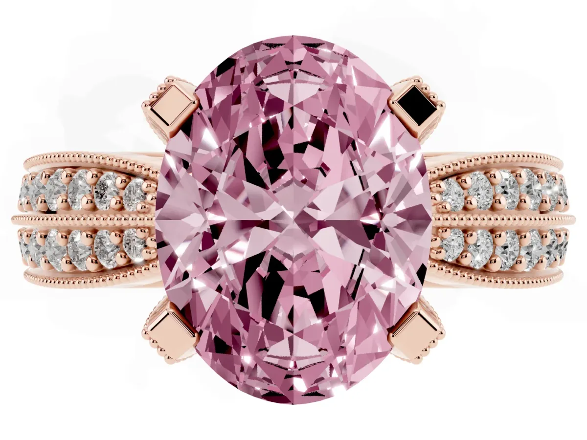 Fancy Pink Oval Cut Diamond Solitaire Ring with Milgrain Round Pavé Band and Prong Setting Rose gold