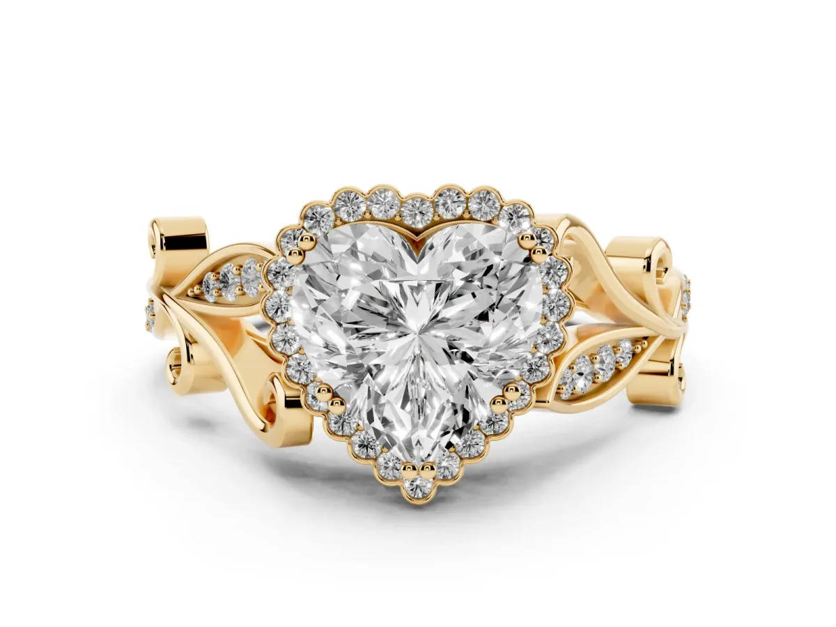 Heart Cut Diamond Halo Ring with Vintage Split Shank and Four-Prong Setting Yellow gold
