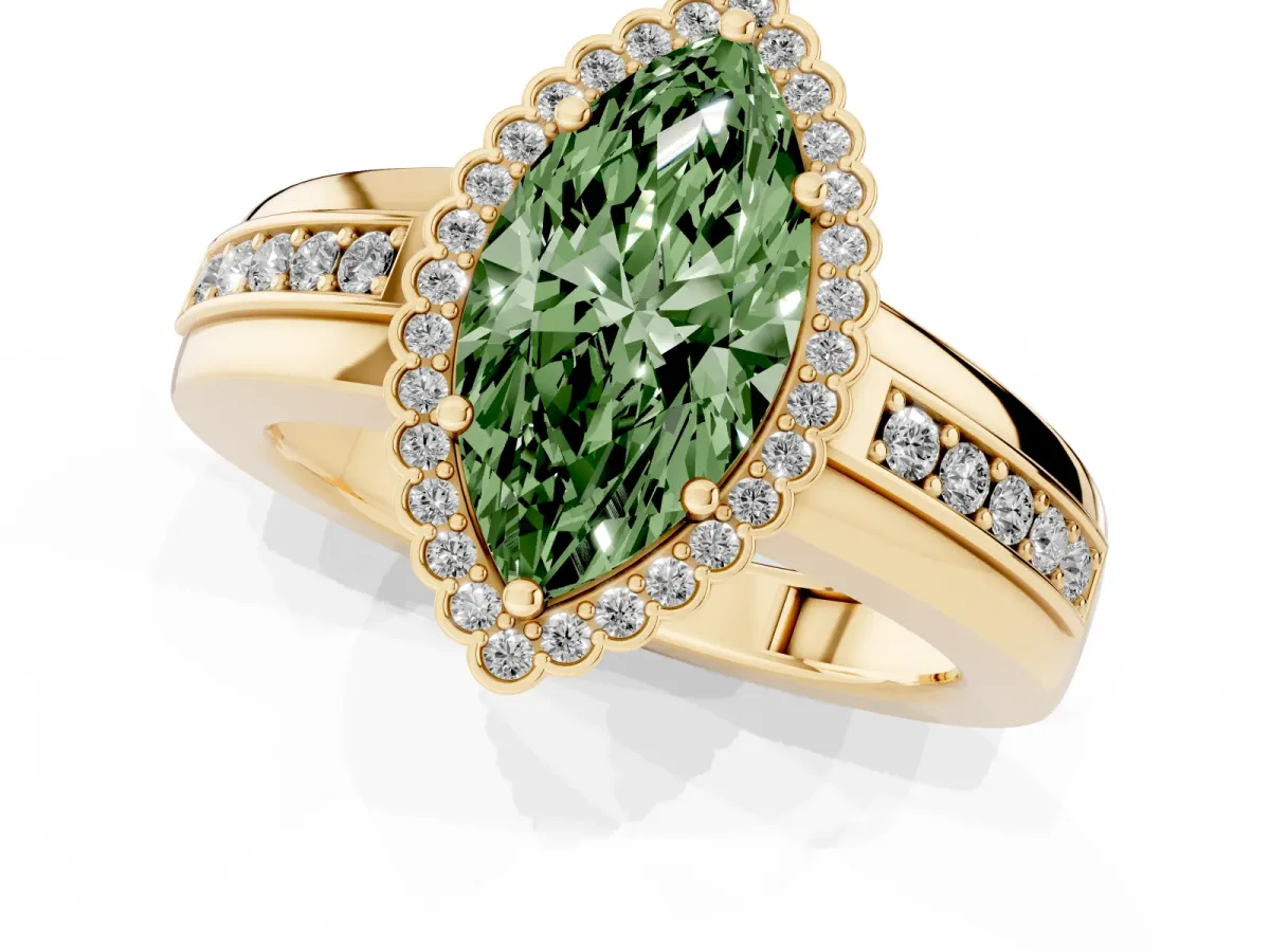Fancy Green Marquise Cut Cut Halo Pave Band Four-Prong Ring Yellow gold