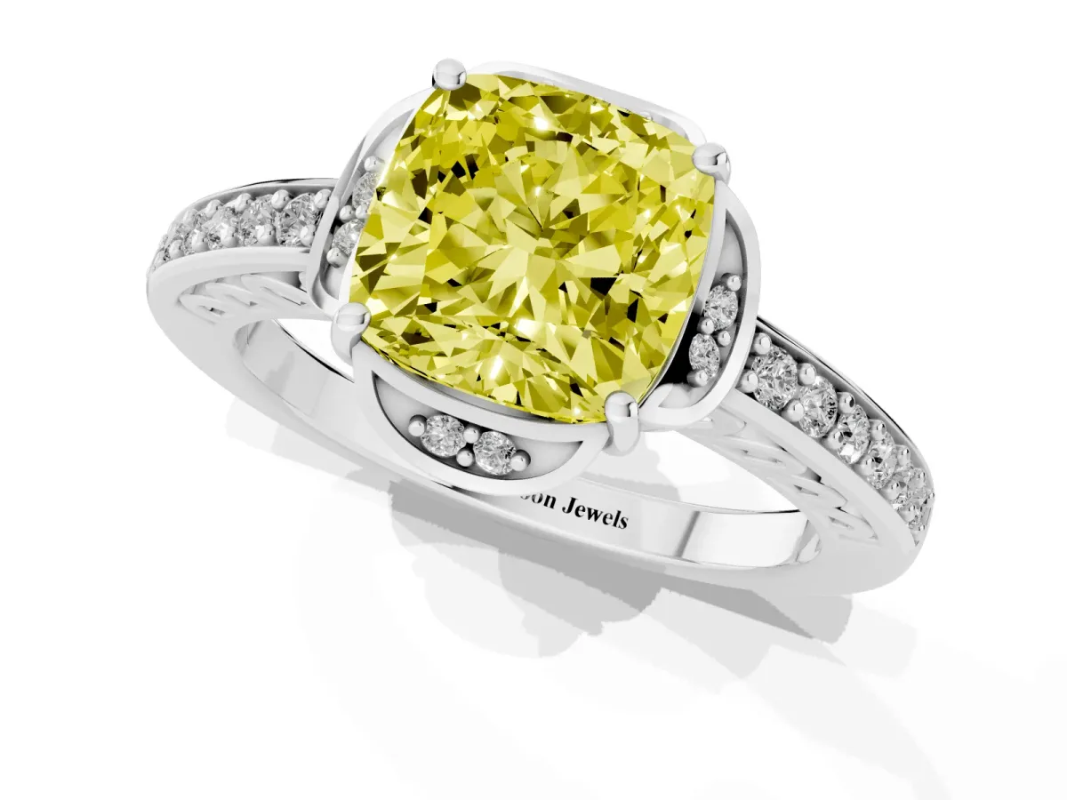 Fancy Yellow Cushion Cut Cut Halo Diamond Ring with Channel Set Band and Four-Prong Setting White gold