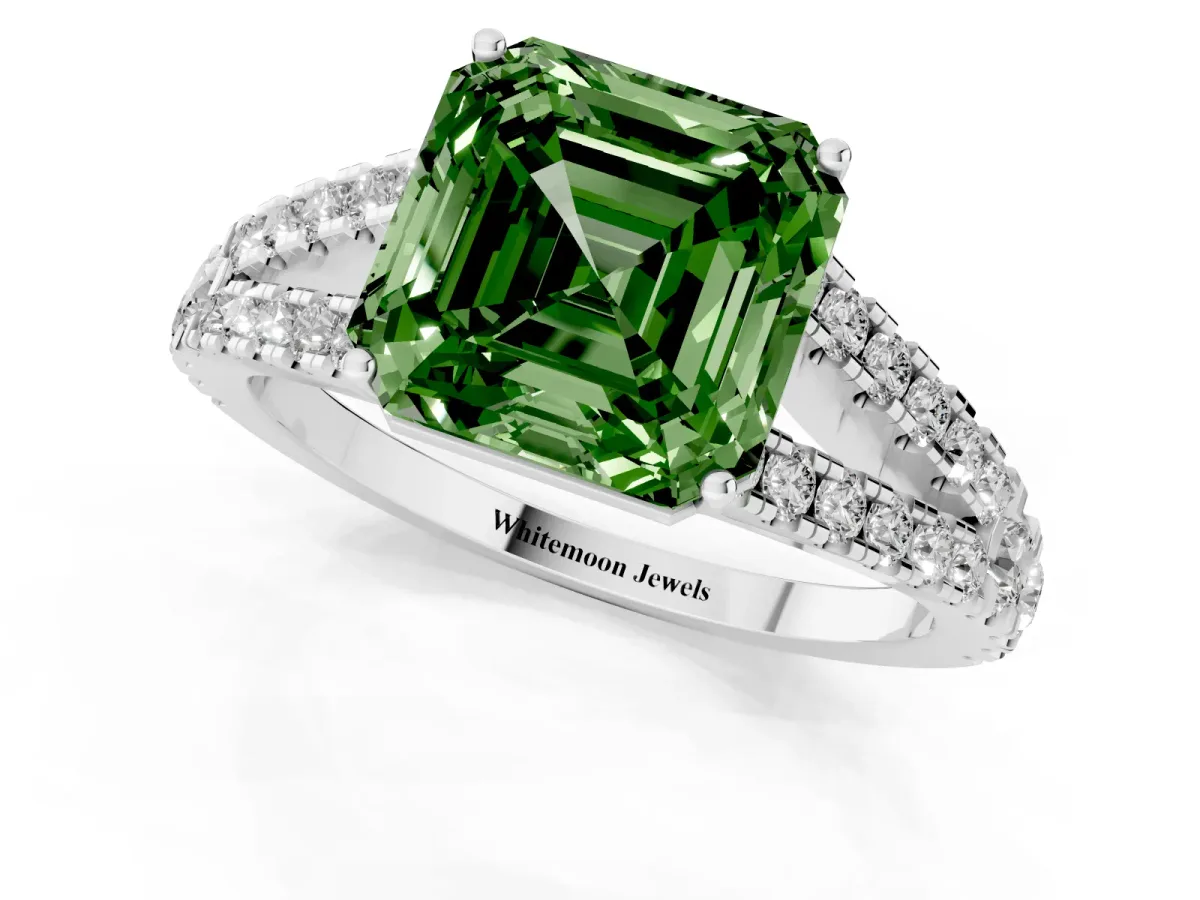 Fancy Green Asscher Cut Diamond Split Shank Engagement Ring with Round Pavé and Prong Setting Platinum