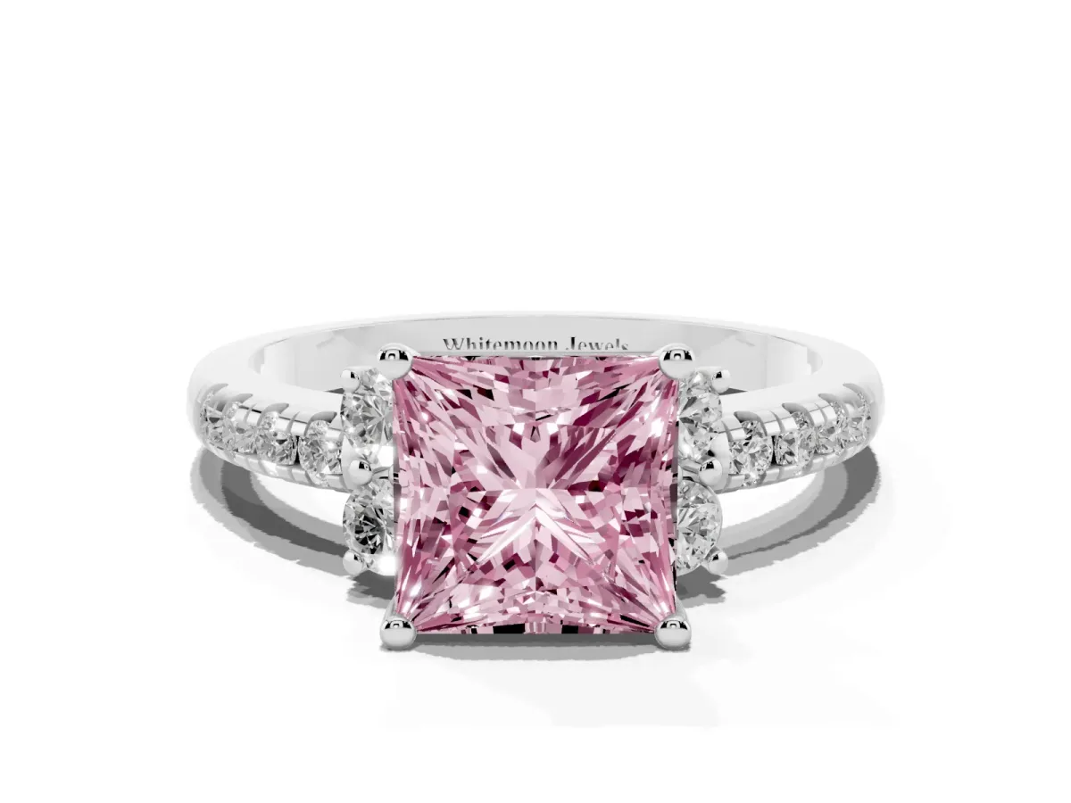 Fancy Pink Princess Cut Diamond Three-Stone Pave Band with Four-Prong Setting Silver