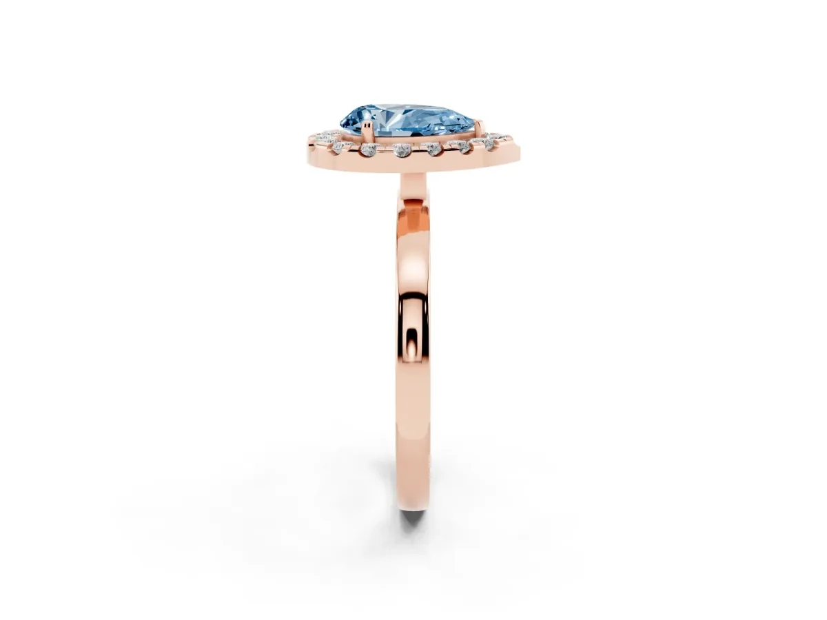 Fancy Blue Pear Cut Halo Diamond Solitaire with Pavé Band and Four-Prong Setting Rose gold