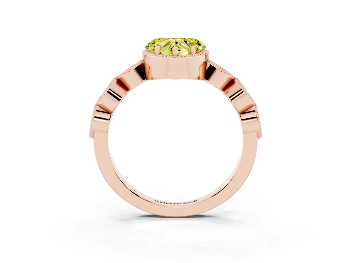 Fancy Yellow Heart Cut Diamond Vintage Milgrain Ring with Round Stations Rose gold