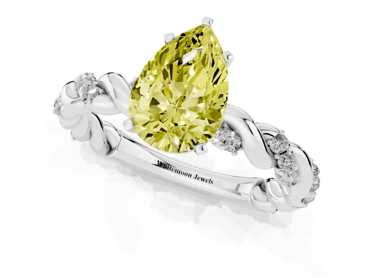 Fancy Yellow Pear Cut Diamond Solitaire Ring with Twisted Band and Pavé Accents Platinum