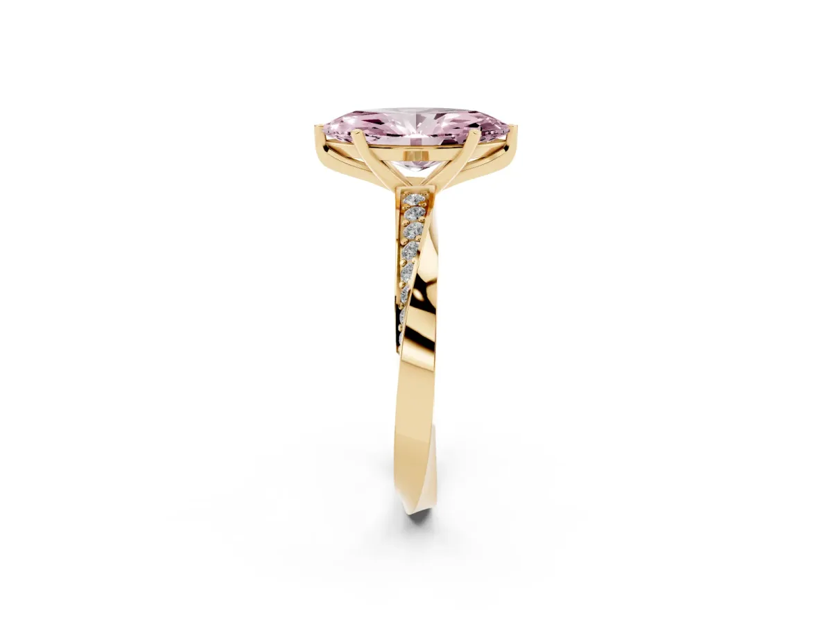 Fancy Pink Marquise Cut Diamond Engagement Ring with Side Stone Accents and Four-Prong Setting Yellow gold