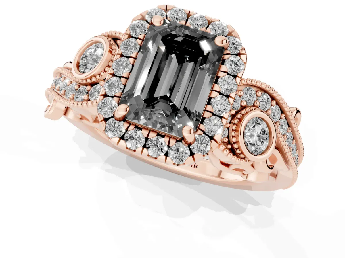 Fancy Black Emerald Cut Halo Diamond Ring with Milgrain and Bezel Accents on a Split Shank Band Rose gold